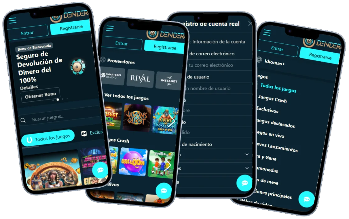 Dendera Casino Experiencia Móvil Dendera Casino versión móvil con juegos, menú y formulario de registro
